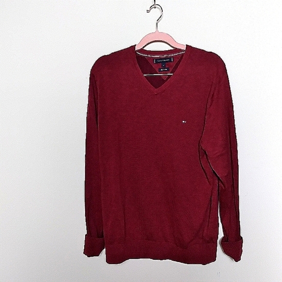 Tommy Hilfiger Men's Red Cotton Silk Blend V Neck Long Sleeve Sweater Size Large - Picture 1 of 10